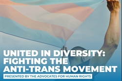 [ai] A person holding a transgender pride flag against a blue sky, with a text overlay that reads, 'United in Diversity: Fighting the Anti-Trans Movement Presented by The Advocates for Human Rights.'